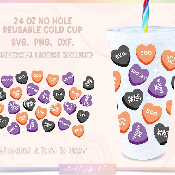 Halloween Candy Hearts 24oz Tumbler Wrap SVG - Witch Digital Download SVG Files For Cricut Silhouette - Spooky Cold Cup Template