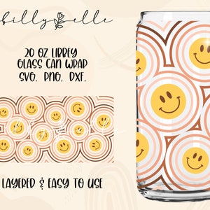 Retro Smiles Libbey Glass Can Wrap - Happy Face - Digital Download SVG Files For Cricut - Boho Smiling Face Wrap - 20oz Libbey Can Template