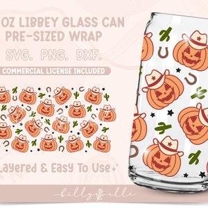 May include: A 20 ounce glass can wrap design featuring a repeating pattern of orange pumpkins wearing cowboy hats, green cacti, and black stars and horseshoes. The text "Layered & Easy To Use" is at the bottom of the design.