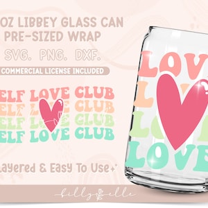 Self Love Club 16oz Libbey Glass Can Wrap - Retro Love pattern PNG Digital Download SVG Cricut - Silhouette - Self Love Colorful Beer Glass