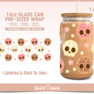 Spooky Conchas 16oz Libbey Glass Can Wrap - Mexican Pan Dulce Skull - Descarga digital archivos SVG para Cricut - Calaverita Dia de Muertos