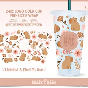 Floral Cute Capybara Hole Wrap SVG - Baby Pink floral Digital SVG Cricut Silhouette Files - Capybara Floral 24oz Cold Cup