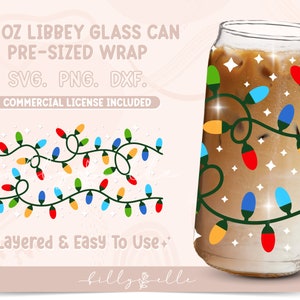 May include: A 20 ounce glass can with a pre-sized wrap featuring a design of colorful Christmas lights. The wrap is layered and easy to use. SVG, PNG, and DXF files are included. Commercial license included.