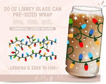 Luci di Natale 20oz Libbey Glass Can Wrap - Holidays PNG Digital Download SVG Cricut - Silhouette - String Lights Beer Glass Template