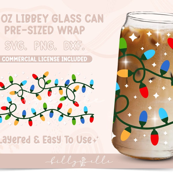 Christmas Lights 20oz Libbey Glass Can Wrap - Holidays PNG Digital Download SVG Cricut - Silhouette - String Lights Beer Glass Template