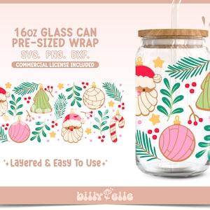 May include: A digital design for a 16oz glass can wrap featuring a Christmas theme with Santa Claus, baubles, candy canes, and pine branches. The design is layered and easy to use. The text "16oz GLASS CAN PRE-SIZED WRAP SVG. PNG. DXF. COMMERCIAL LICENSE INCLUDED" is included in the design.