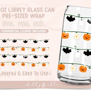 May include: A digital design for a 20 ounce Libbey glass can wrap featuring a Halloween-themed garland with bats, ghosts, pumpkins, and flowers. The design is layered and easy to use. SVG, PNG, and DXF files are included. Commercial license included.