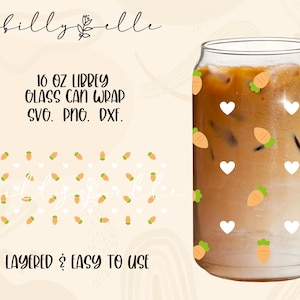 May include: A digital design for a 16 ounce glass can wrap featuring a pattern of white hearts and orange carrots on a brown background. The text "10 OZ LIBBEY GLASS CAN WRAP SVG. PNG. DXF. LAYERED & EASY TO USE" is included in the design.