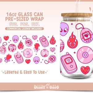 Y2K inspiriert 2000 girly 16oz Libbey Glass Can Wrap SVG - Retro Ring Pop - Digital Download SVG Cricut Dateien - Y2K Retro PNG