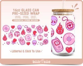 Y2K inspired 2000 girly 16oz Libbey Glass Can Wrap SVG - Retro Ring pop - Digital Download SVG Cricut files - Y2K Retro PNG