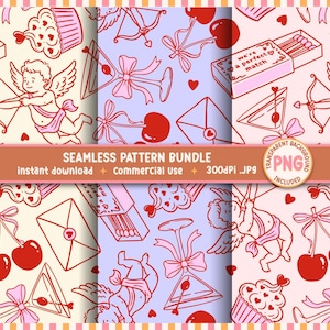 May include: A seamless pattern bundle featuring Valentine's Day themed illustrations. The designs include cherubs, bows, cherries, cupcakes, and matchboxes with the text "we're a perfect match". The patterns are in pink and red on light blue and cream backgrounds.