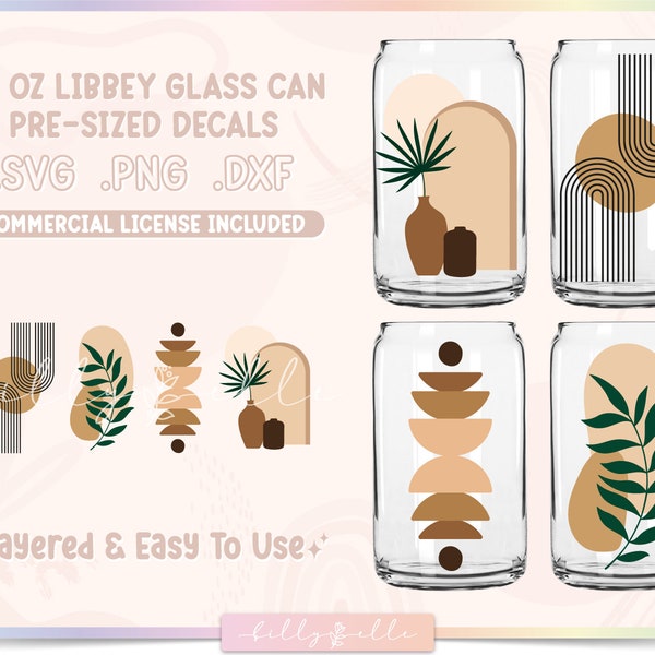 Boho Libbey Glass Can Bundle - Neutral Aesthetic Digital Download SVG Files For Cricut - Beer Can Decal Template - 16oz Libbey Can Template