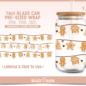 May include: A digital design for a 16oz glass can wrap featuring a gingerbread house, gingerbread man, and Christmas tree strung on a line. The design is layered and easy to use. The text "16oz GLASS CAN PRE-SIZED WRAP SVG. PNG. DXF. COMMERCIAL LICENSE INCLUDED" is included in the image.