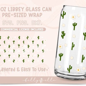 小さなサボテン 20 オンス Libbey ガラス缶ラップ - 美しいウエスタン パターン SVG デジタル ダウンロード SVG Cricut - シルエット - ビール ガラス缶テンプレート
