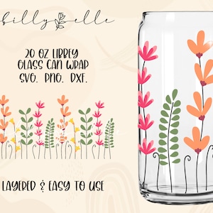 Tall Flowers Pattern Libbey Glass Can Wrap - Digital Download SVG Files For Cricut - Flowers Boho Wrap Template - 20oz Template