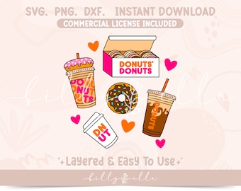 Puede incluir: Ilustración digital con donuts, tazas de café y una caja de donuts. Los donuts están decorados con chispas y glaseado. Las tazas de café tienen el texto "DONUTS". La imagen incluye el texto "SVG. PNG. DXF. DESCARGA INSTANTÁNEA" y "LICENCIA COMERCIAL INCLUIDA".