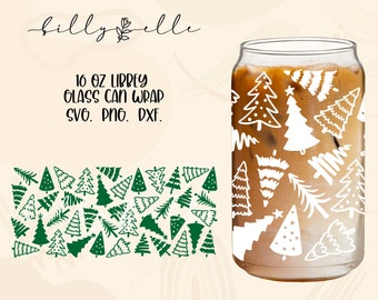 Christmas Trees Libbey Glass Can Wrap - Digital Download SVG Files For Cricut - Christmas Wrap Template - 16oz Libbey Can Template