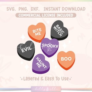 May include: Five Halloween-themed conversation heart candies with different sayings: "Bite Me", "Basic Witch", "Evil", "Spooky", and "Boo".