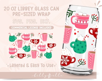 Christmas Mugs 20oz Libbey Glass Can Wrap - Holidays PNG Digital Download SVG Cricut - Silhouette - Hot Chocolate Beer Glass Template