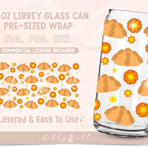 May include: A 20 ounce glass can wrap design featuring a pattern of orange and yellow marigold flowers and brown pan dulce bread. The design is layered and easy to use. SVG, PNG, and DXF files are included. Commercial license included.