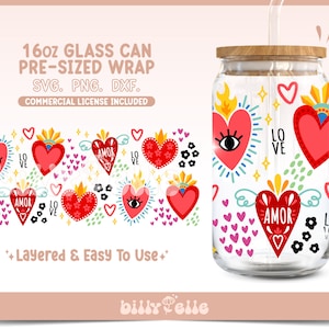 Mexicaanse milagritos 16oz Libbey Glass Can Wrap SVG - Mexicaanse cultuur harten en vleugels - Digitale Download SVG Cricut bestanden - Mexicaans patroon