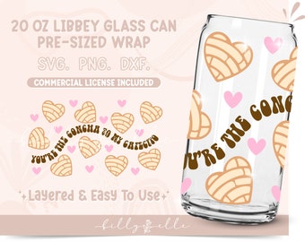 Concha Hearts 20oz Libbey Glass Can Wrap - Valentine's Day Pan Dulce PNG Digital Download SVG Cricut - Cafecito Pan Dulce Love Beer Glass