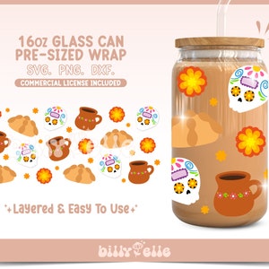 Dia de Muertos 16 onças Libbey Glass Can Wrap - Sugar Calaverita Cultura Mexicana - Download digital de arquivos SVG para Cricut - Pan de Muerto