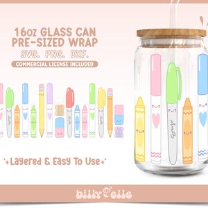 May include: A set of 16 ounce glass can wraps featuring cute cartoon markers and crayons. The wraps are pre-sized and come in SVG, PNG, and DXF formats. A commercial license is included.