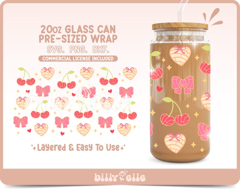 Pode incluir: Um design digital para um inv&oacute;lucro de lata de vidro de 591 ml com um padr&atilde;o de la&ccedil;os cor-de-rosa, cerejas e pastelaria em forma de cora&ccedil;&atilde;o. O design &eacute; em camadas e f&aacute;cil de usar. O texto "20oz GLASS CAN PRE-SIZED WRAP SVG. PNG. DXF. COMMERCIAL LICENSE INCLUDED +Layered & Easy To Use+ billyPelle" est&aacute; inclu&iacute;do na imagem.