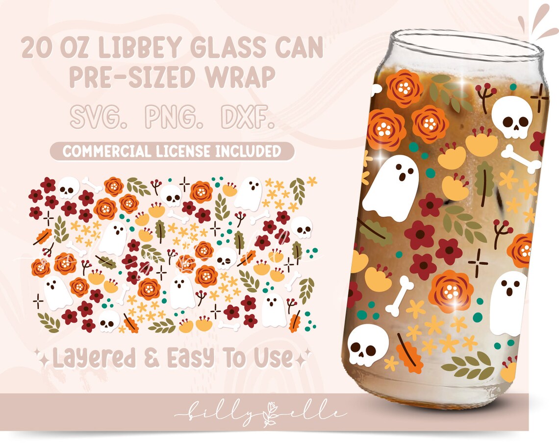 Floral Halloween 20oz Libbey Glass Can Wrap - Ghosts SVG Digital ...