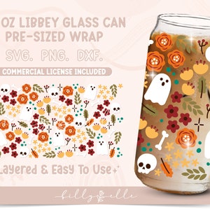 Floral Halloween 20oz Libbey Glass Can Wrap - Ghosts SVG Digital Download SVG Cricut - Silhouette - Skull Flower Pattern Beer Glass Template