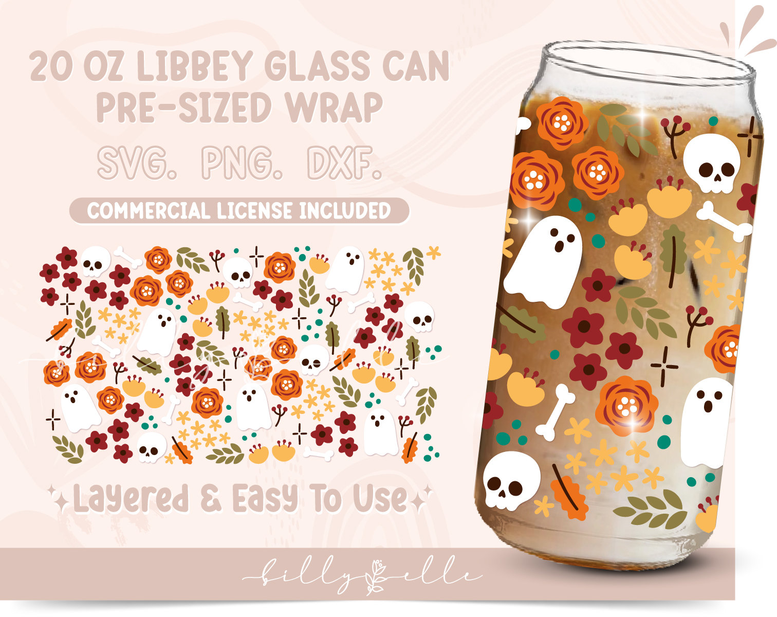 Floral Halloween 20oz Libbey Glass Can Wrap - Ghosts SVG Digital ...