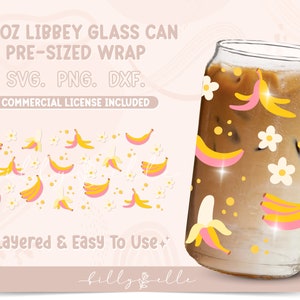 Bananen 16oz Libbey Glas Dose Wrap - Obst SVG Digital Download SVG Cricut - Silhouette - Süßes Blumenmuster Bierglas Vorlage