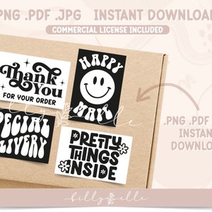 May include: Four black and white printable stickers with different designs. The stickers say "Thank You for Your Order", "Happy Mail", "Special Delivery", and "Pretty Things Inside".