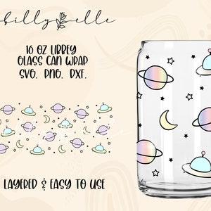 Space Planet Libbey Glass Wrap - Galaxy Ovni - Descarga digital SVG Files For Cricut - Holographic Moon Wrap - 16oz Libbey Can Template