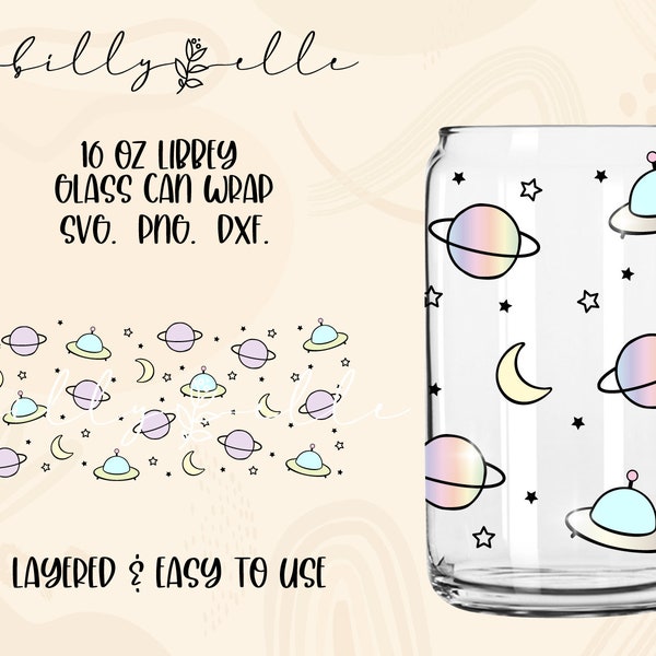 Space Planet Libbey Glass Wrap - Galaxy Ovni - Digital Download SVG Files For Cricut - Holographic Moon Wrap - 16oz Libbey Can Template