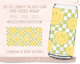 Smile Checkered Libbey Glass Can Wrap - Happy Faces - Digital Download SVG Files For Cricut - Retro Wrap Template - 20oz Libbey Can Template