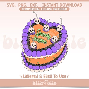 May include: A heart-shaped cake illustration with purple frosting, orange layers, and black accents. The cake is decorated with skull-topped cherries and the words "Spooky Season". The design includes the text "SVG. PNG. DXF. INSTANT DOWNLOAD" and "COMMERCIAL LICENSE INCLUDED".