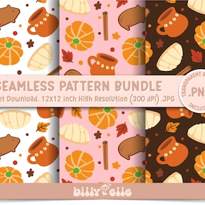 May include: A set of three seamless pattern designs featuring autumnal elements. The patterns include pumpkins, cinnamon sticks, coffee mugs, and pastries. The patterns are in white, pink, and brown.