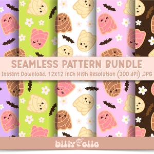 May include: A set of six digital seamless patterns featuring cute cartoon ghosts with different colored fillings. The ghosts are on a variety of backgrounds including white, light green, light purple, light pink, brown, and dark brown. The patterns are 12x12 inches and 300 dpi.
