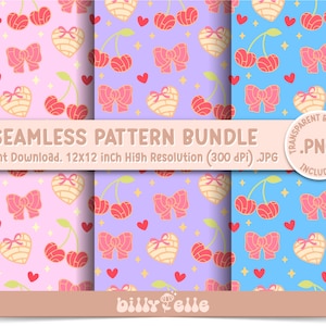 May include: A set of three seamless patterns featuring cherries, hearts, and bows in pink, purple, and blue. The patterns are 12x12 inches and 300 dpi. The text "SEAMLESS PATTERN BUNDLE" is at the top of the image. The text "Instant Download. 12x12 inch High Resolution (300 dpi).JPG" is below the pattern bundle text. The text ".PNG INCLUDED" is in a circle with a transparent background. The text "billyPelle" is at the bottom of the image.