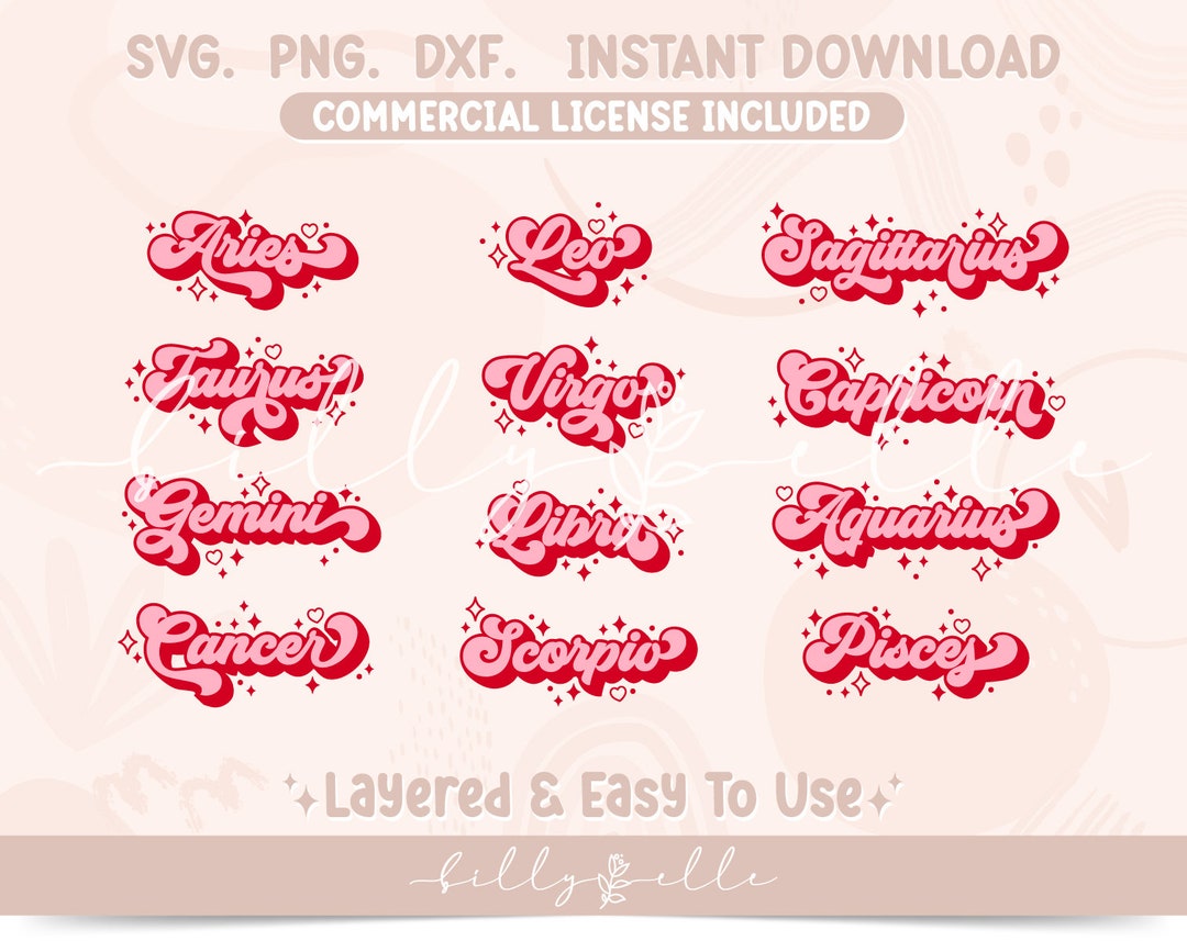 Groovy Zodiac Bundle SVG - Retro Zodiac Signs PNG - Silhouette Sticker ...