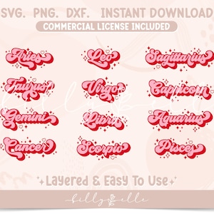 Groovy Zodiac Bundle SVG - Retro Sternzeichen PNG - Silhouette Sticker - Stier Ästhetik Pink Sticker Datei für Cricut - Fische SVG