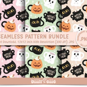 Puede incluir: Un conjunto de tres patrones de papel digital con temática de Halloween. Los patrones incluyen gatos negros, fantasmas, calabazas y tazas con el texto "Witch's Brew". Los patrones son en rosa, verde y beige.