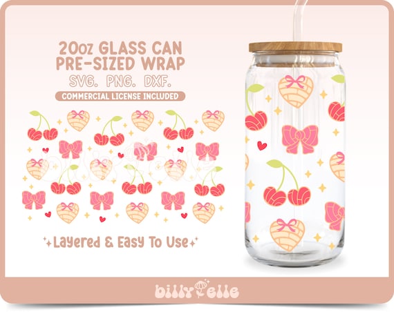 Coquette Conchas Hearts 20oz Libbey Glass Can Wrap SVG- Mexican Pan Dulce - Digital Download SVG Cricut files - Coquette bow lace cherries