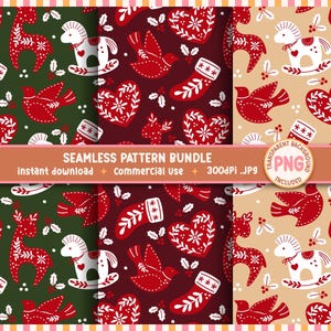 May include: A seamless pattern bundle featuring festive designs. The patterns include red reindeer, birds, hearts, and stockings on green, burgundy, and tan backgrounds. The text "SEAMLESS PATTERN BUNDLE" is displayed.