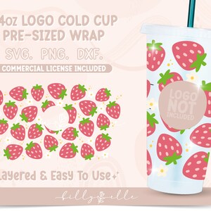 Puede incluir: Una envoltura predimensionada para un vaso frío de 24 onzas con un patrón de fresas. La envoltura está en capas y es fácil de usar. El texto "LOGO NOT INCLUDED" está en la envoltura. La envoltura está disponible en los formatos SVG, PNG y DXF.