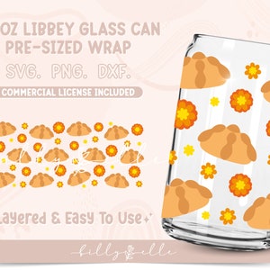 May include: A digital design for a 16 ounce Libbey glass can wrap featuring a pattern of orange and brown pan dulce bread and yellow flowers. The design is layered and easy to use. The text "16 OZ LIBBEY GLASS CAN PRE-SIZED WRAP SVG. PNG. DXF. COMMERCIAL LICENSE INCLUDED +Layered & Easy To Use+* billybille" is included in the image.