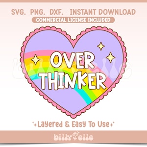 May include: A purple heart-shaped design with a rainbow arc and the text "OVER THINKER" in white. The heart has a pink outline and a scalloped edge. There are two small white stars above the text.