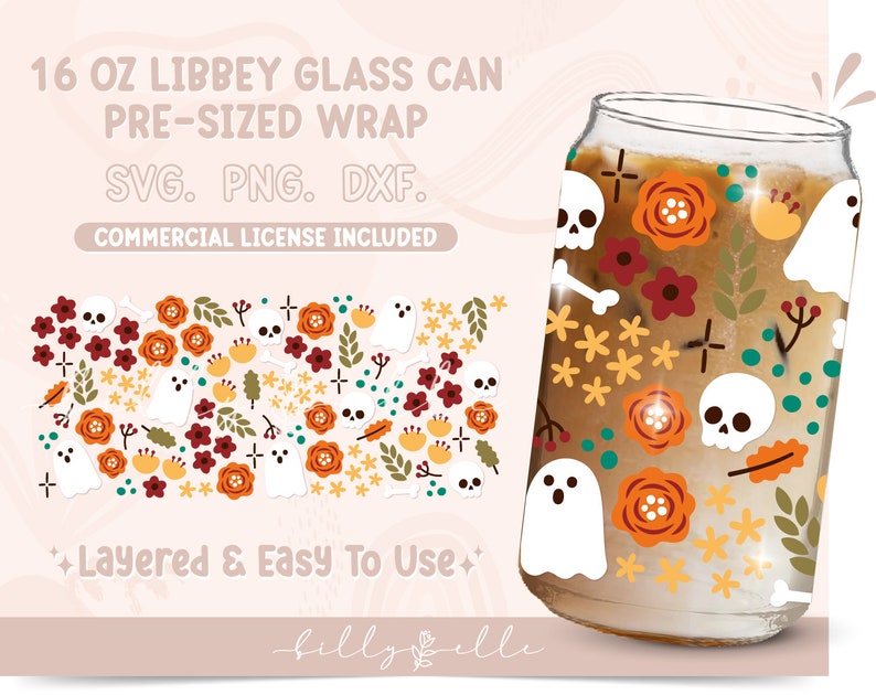 Floral Halloween 16oz Libbey Glass Can Wrap Ghosts SVG - Etsy
